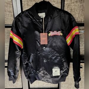 Men's Mitchell & Ness The Hundreds Black Satin Full-Snap Bomber Jacket Size S